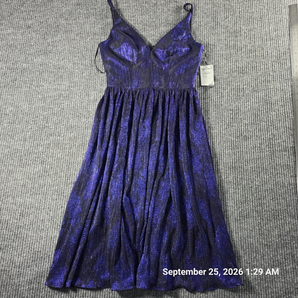 Dress The Population Violet Multi Metallic Pleated Midi Dress V-Neck XS NEW